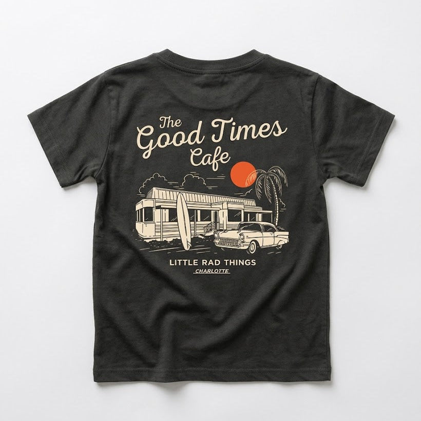 Flat lay product view of the coal black organic cotton children's t-shirt with a vintage graphic.