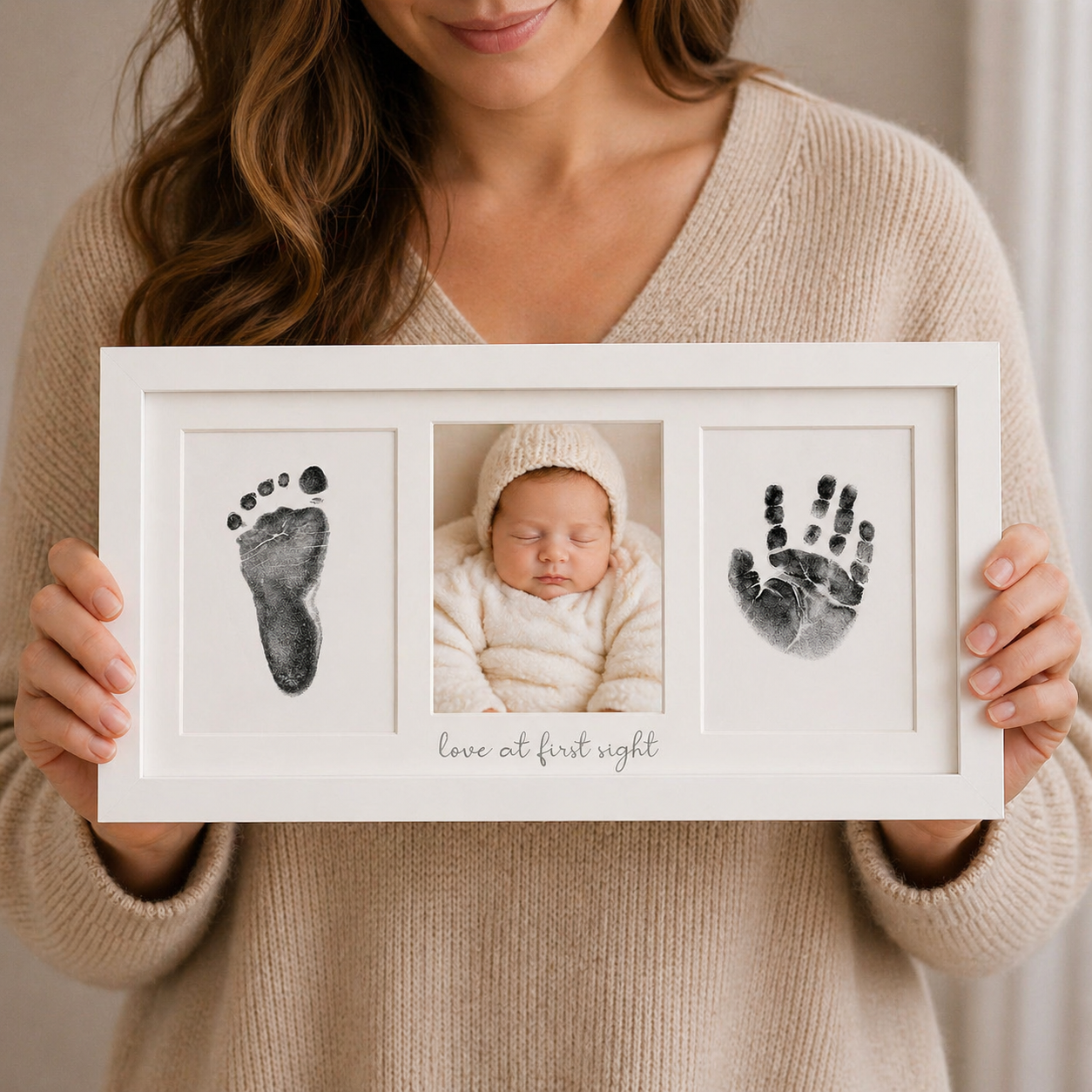 Baby Handprint and Footprint Keepsake Frame - 3-Panel with "Love at first sight" Engraved
