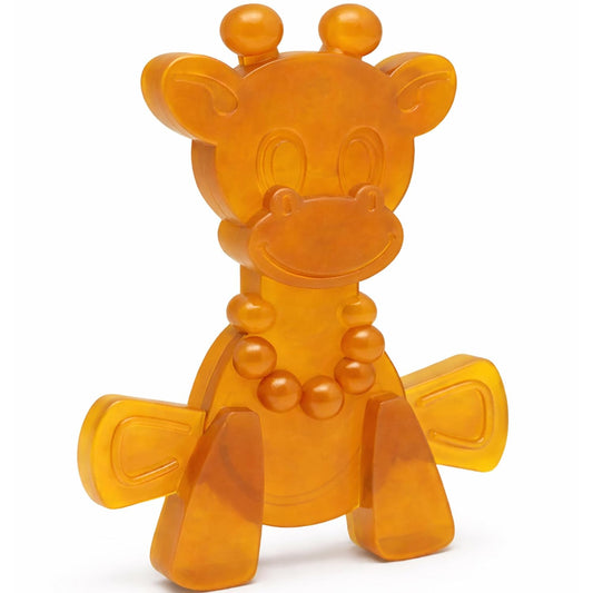 Amber-colored giraffe-shaped Little Bamber teething toy, shown from the front on a white background.