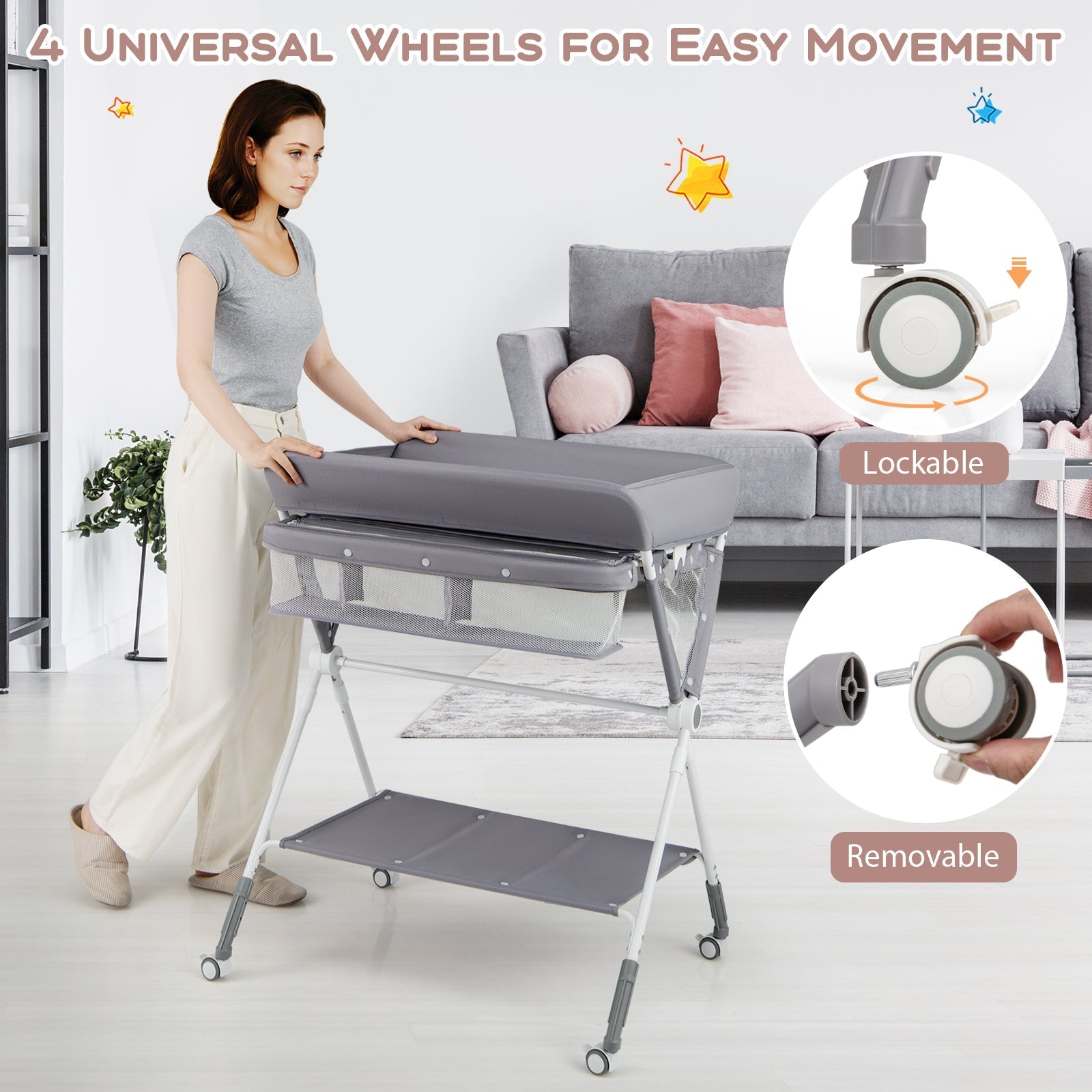 Portable Baby Changing Table with 3-Level Adjustable Height