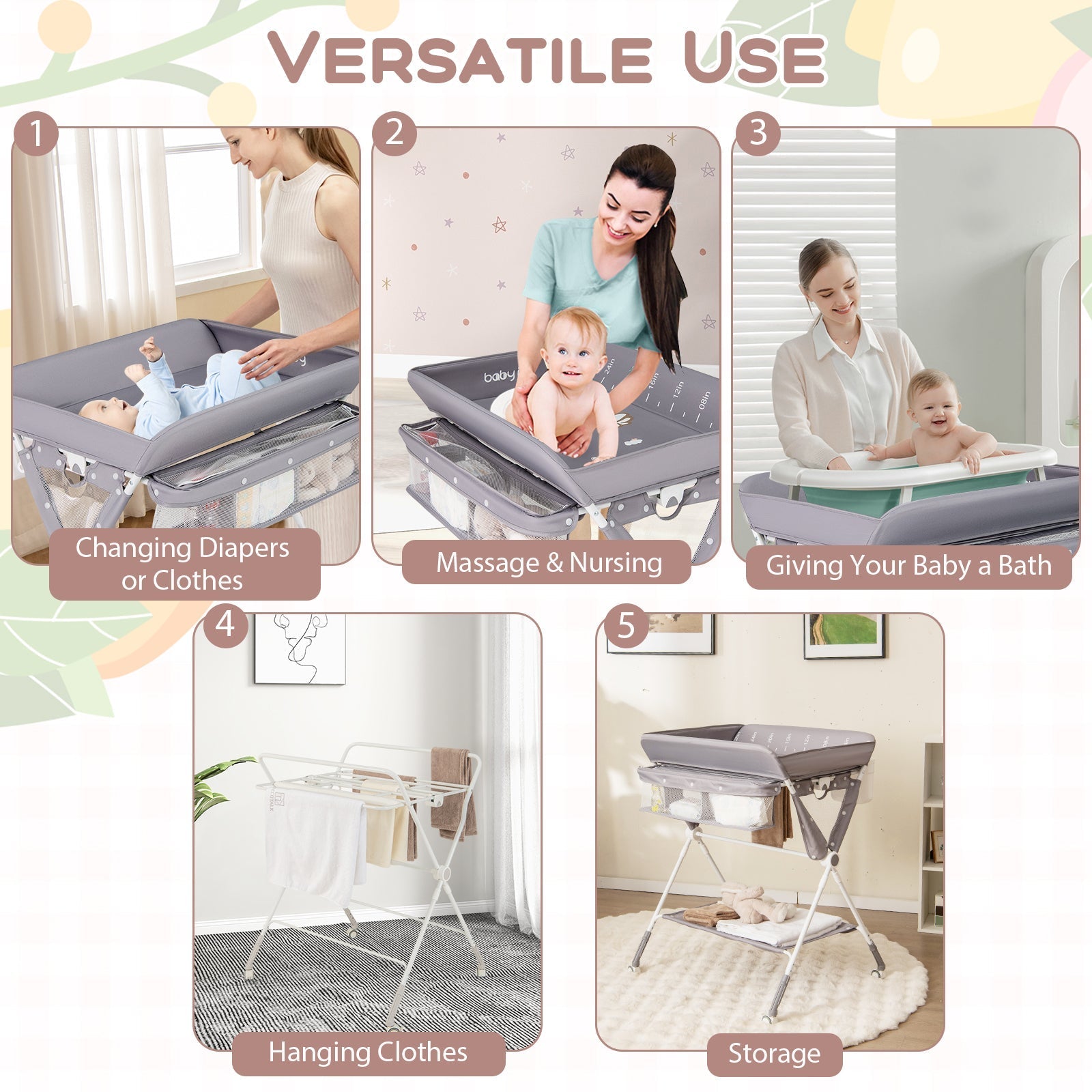 Portable Baby Changing Table with 3-Level Adjustable Height