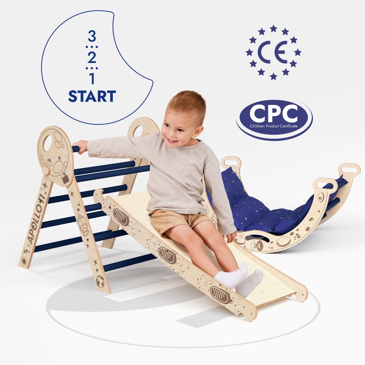 Apollo 4-in-1 Climbing Set: Pikler Triangle, Arch, Slide Board, and Cushion for Little Toddlers Astronauts (1–3 Years)
