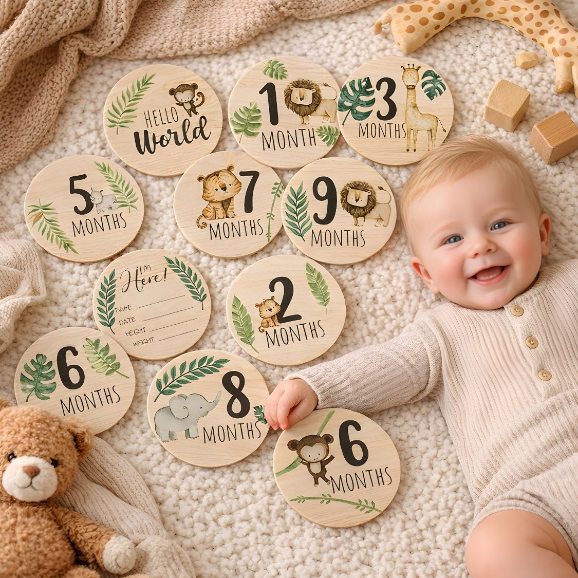 Wooden Baby Milestone Cards – Safari Jungle Monthly Photo Props