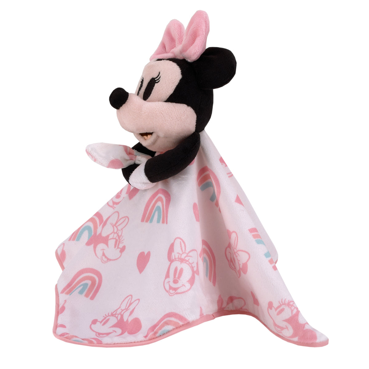 Disney Minnie Mouse White, Pink, and Aqua Rainbows and Hearts Super Soft Sherpa Baby Blanket and Security Blanket 2-Piece Gift Set