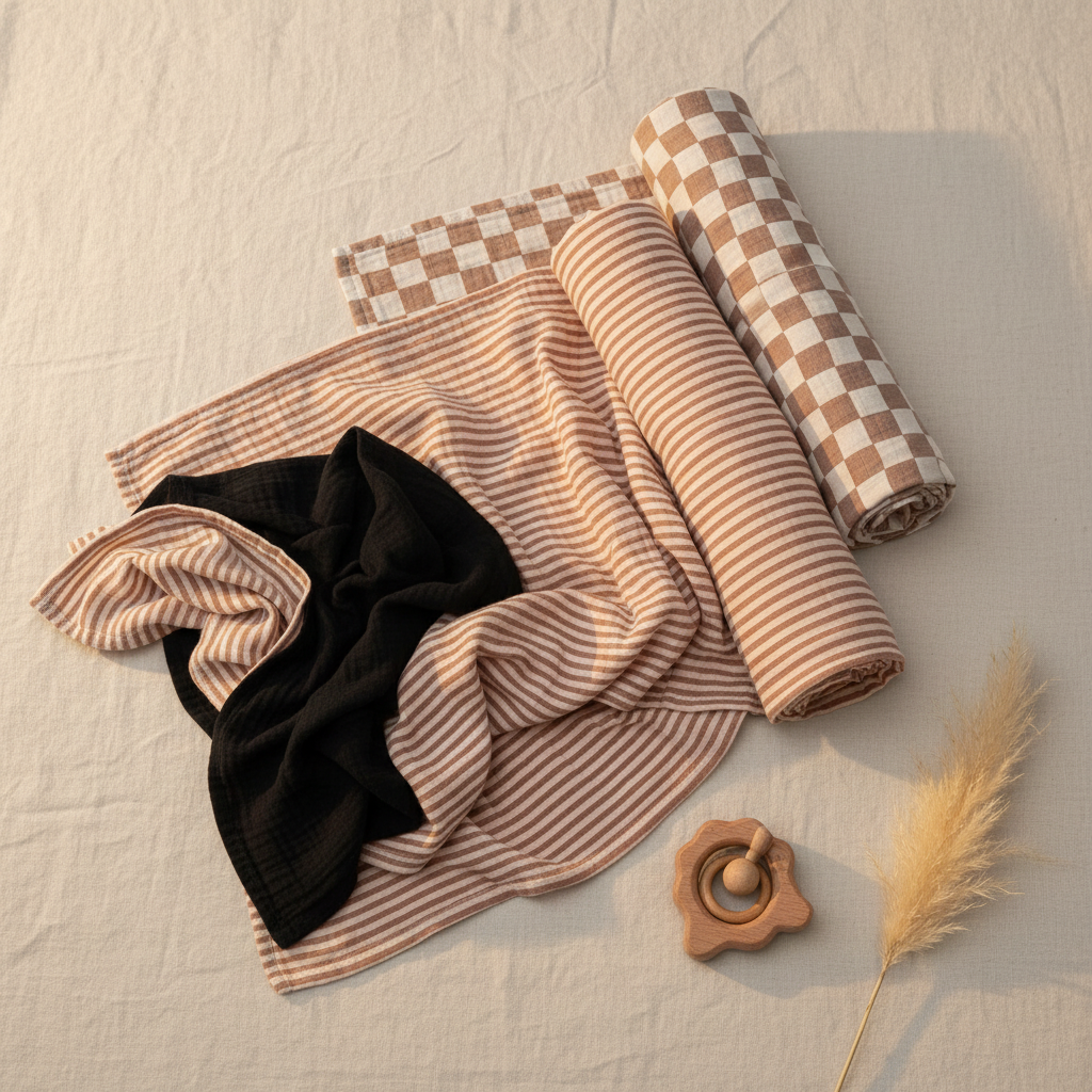 Flatlay of rosewood checker, stripe, and solid black muslin swaddle blankets on cream linen