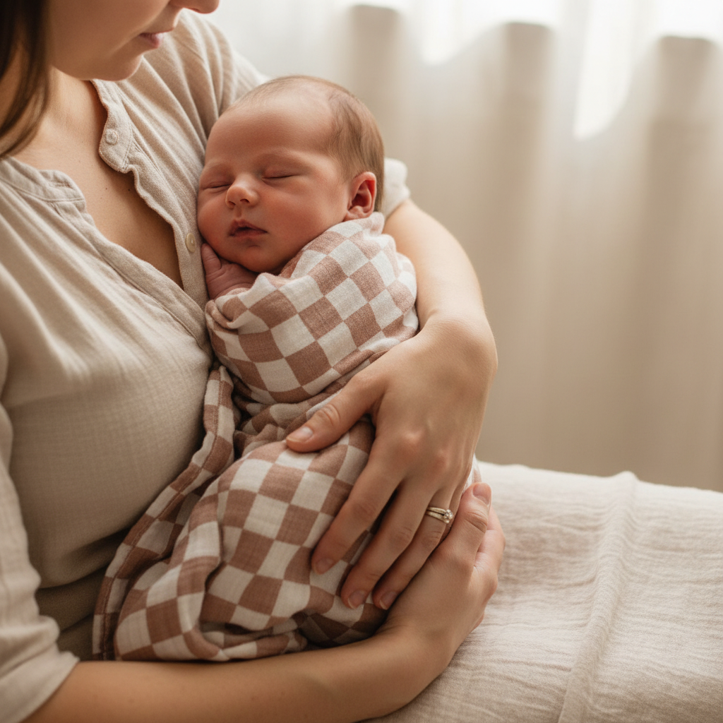 Parent cradling sleeping newborn wrapped in rosewood checker muslin swaddle blanket