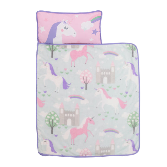 Everything Kids Pink and Aqua Unicorn Toddler Nap Mat with Pillow and Blanket