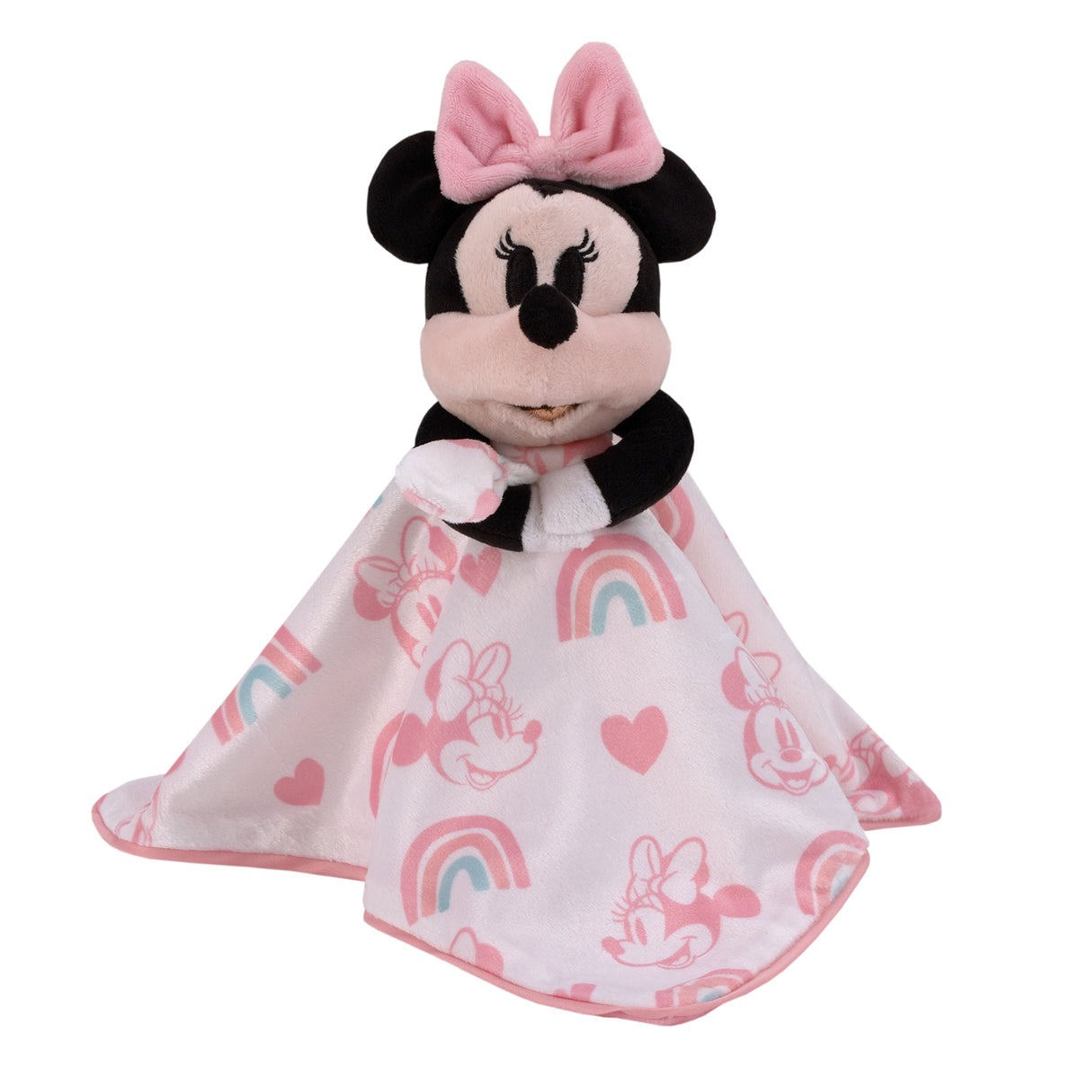 Disney Minnie Mouse White, Pink, and Aqua Rainbows and Hearts Super Soft Sherpa Baby Blanket and Security Blanket 2-Piece Gift Set
