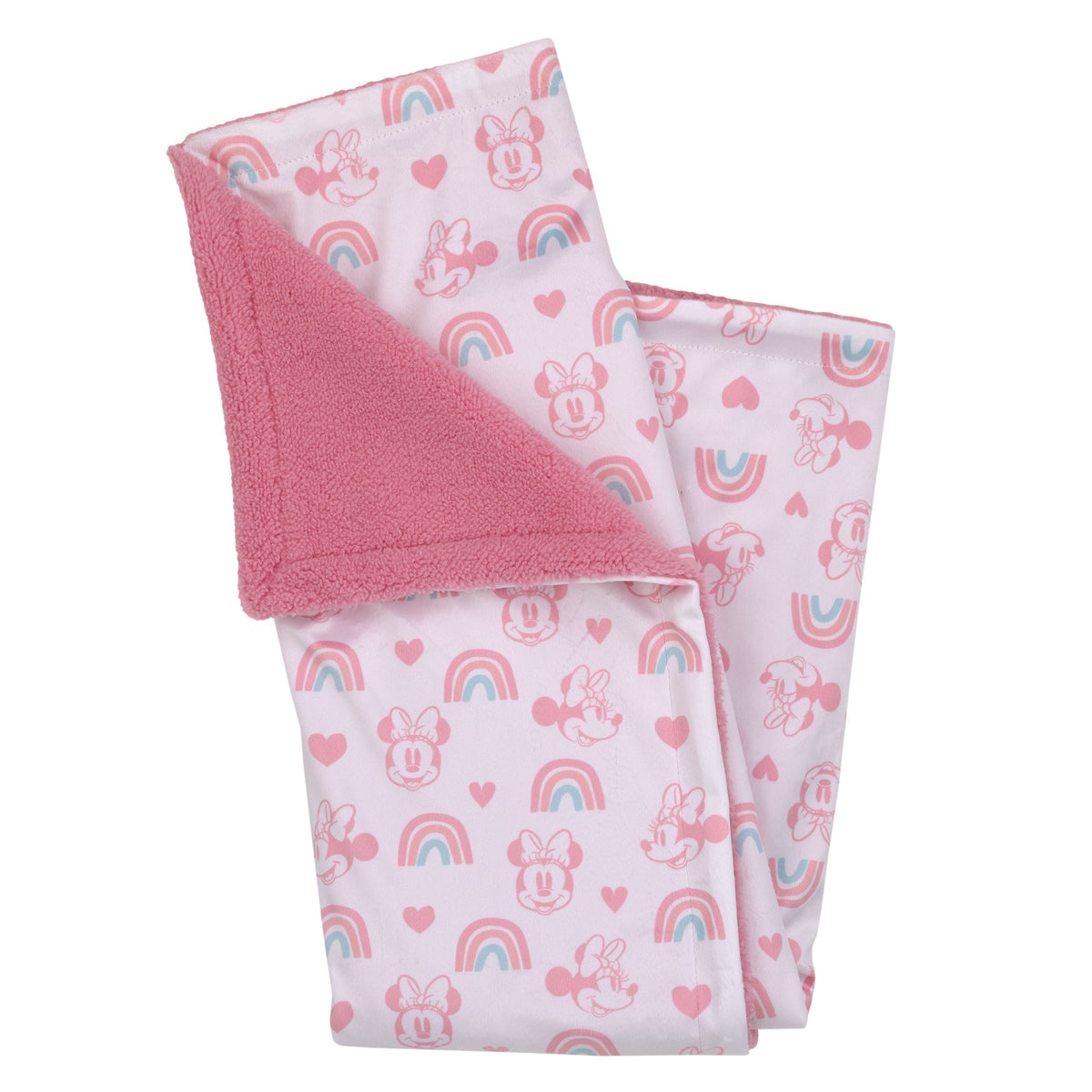 Disney Minnie Mouse White, Pink, and Aqua Rainbows and Hearts Super Soft Sherpa Baby Blanket and Security Blanket 2-Piece Gift Set