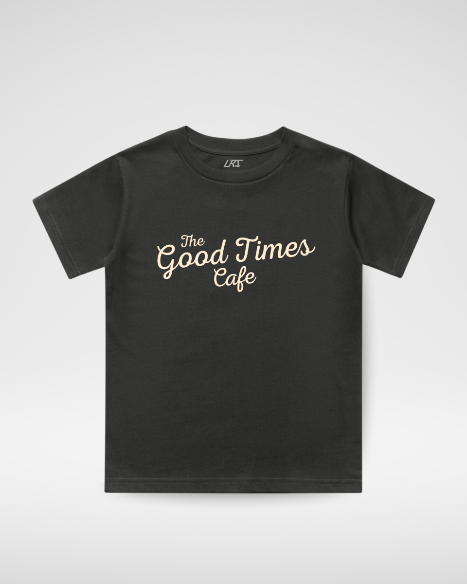 Flat lay of a black vintage t-shirt that says "The Good Times Club."
